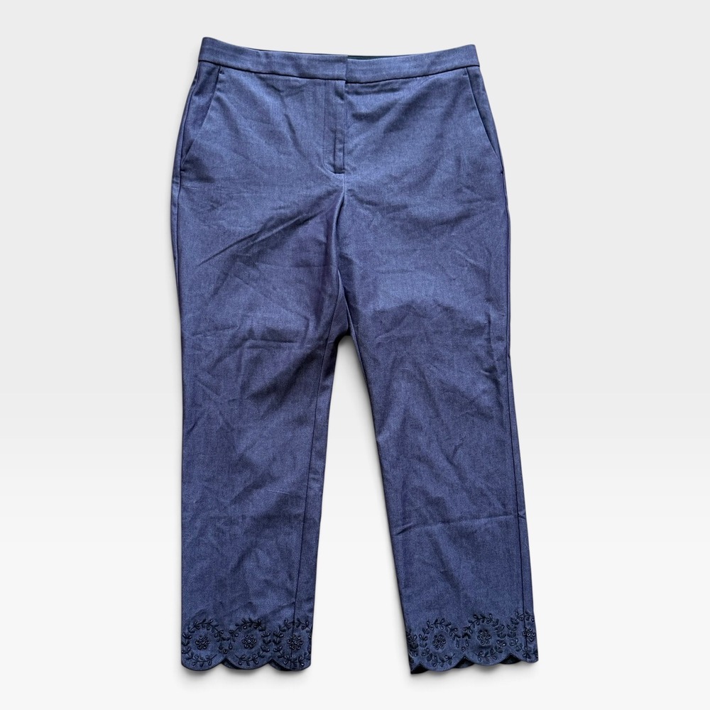 Ann Taylor Women 12 Navy Blue Scalloped Embroidered Hem Ankle Pants NWT